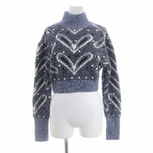 【中古】ザラ POMPOM JACQUARD KNIT CROP SWEATER セーター ジャガードニット ハイネック 長袖 S スモークブルー