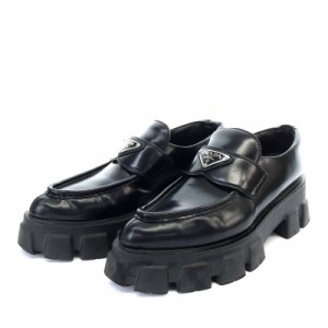 【中古】プラダ PRADA モノリス ブラッシュドレザー ローファー プラットフォーム 厚底 三角ロゴプレート 38.5 黒