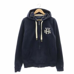 【中古】トミーヒルフィガー TOMMY HILFIGER ロゴジップアップパーカー 裏地チェック XL 紺 ネイビー /AT ■OS メンズ