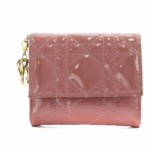 【中古】クリスチャンディオール LADY DIOR ロータスウォレット カナージュ 三つ折り財布 小銭入れ エナメル ピンク