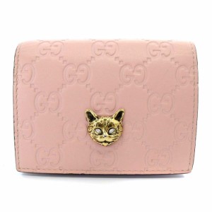 【中古】グッチ GUCCI グッチシマ リネアキャット 財布 二つ折り コンパクト レザー ピンク 548057