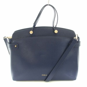 【中古】フルラ FURLA AGATA 2WAY トートバッグ ハンドバッグ ショルダーバッグ レザー ロゴ 紺 ネイビー