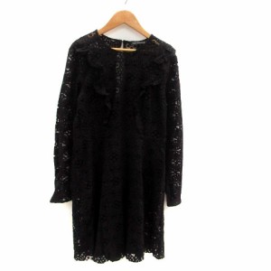 【中古】ザラウーマン ZARA WOMAN ワンピース ラウンドネック 長袖 ひざ丈 総レース L 黒 ブラック レディース