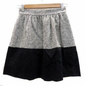 【中古】ラウラ Laula Petit Couture フレアスカート ギャザースカート ミニ丈 総柄 切替 リネン 1 黒 白 レディース