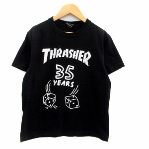 【中古】スラッシャー Tシャツ カットソー ラウンドネック 半袖 プリント S 黒 ブラック オフホワイト レディース