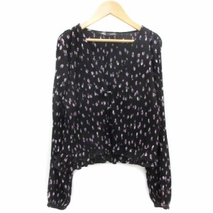 【中古】ザラ ZARA ブラウス シャツ 長袖 Vネック 花柄 M ブラック 黒 /YM37 レディース