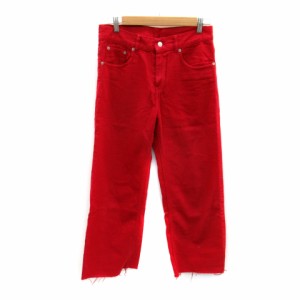 【中古】ザラウーマン ZARA WOMAN デニムパンツ ジーンズ ワイドパンツ ロング丈 カットオフ 赤 レッド レディース