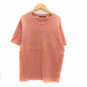 【中古】チャオパニック Tシャツ カットソー ラウンドネック 半袖 プリント リネン混 L ピンク 黒 レディース