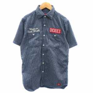 【中古】ディッキーズ Dickies カジュアルシャツ 半袖 刺繍 ストライプ柄 オーバーサイズ S 紺 ネイビー メンズ