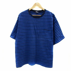 【中古】ファーストダウン Tシャツ カットソー 半袖 ラウンドネック ボーダー柄 オーバーサイズ M 青 紺 メンズ