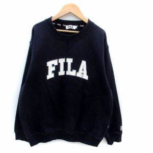 【中古】フィラ FILA トレーナー クルーネック 長袖 刺繍 裏起毛 L 紺 ネイビー オフホワイト /HO60 メンズ