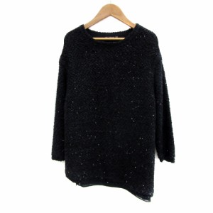 【中古】ザラ ZARA KNIT ニット カットソー 長袖 ラウンドネック 総柄 スパンコール オーバーサイズ M 紺 レディース