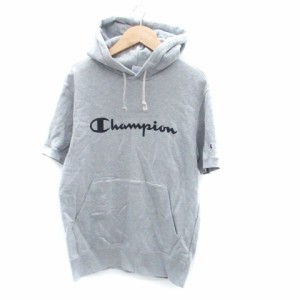 【中古】チャンピオン CHAMPION パーカー プルオーバー 半袖 ロゴプリント M グレー 黒 ブラック /HO29 レディース