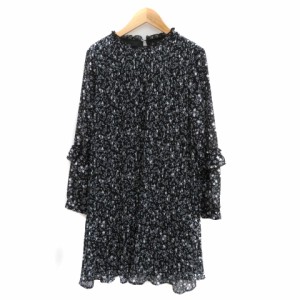 【中古】ザラ ベーシック ZARA BASIC ワンピース ひざ丈 長袖 クルーネック 花柄 S 黒 ブラック /YK29 レディース