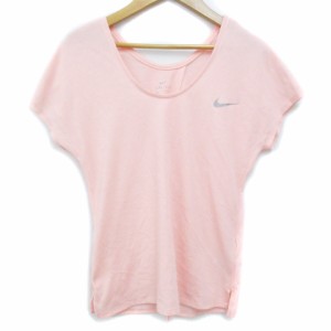 【中古】ナイキ NIKE DRI-FIT Tシャツ カットソー 半袖 Uネック ロゴプリント 透け感 総柄 S ピンク /FF19 レディース