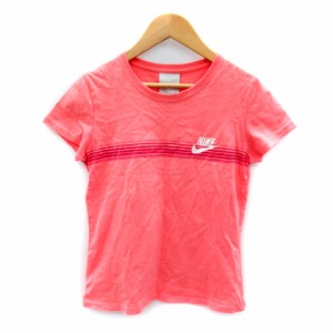 【中古】ナイキ NIKE Tシャツ カットソー 半袖 ラウンドネック ボーダー柄 ロゴプリント S ピンク /SY31 レディース