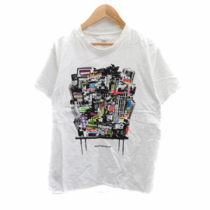 【中古】グラニフ graniph Tシャツ カットソー 半袖 ラウンドネック プリント M マルチカラー 白 ホワイト メンズ