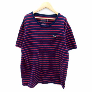 【中古】ブルーブルー × フルーツオブザルーム Tシャツ カットソー 半袖 ボーダー柄 大きいサイズ XL 紺 赤 メンズ