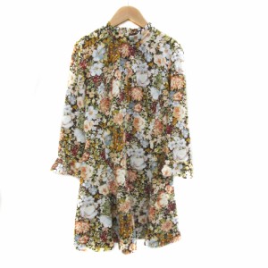 【中古】ザラ ZARA ワンピース ミニ丈 長袖 スタンドカラー 花柄 S マルチカラー 茶 ブラウン /YS4 レディース