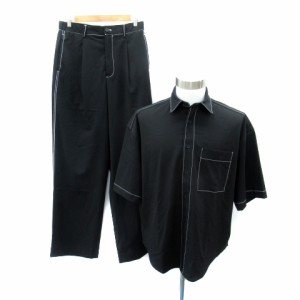 【中古】ザラ セットアップ 上下 カジュアルシャツ 半袖 オーバーサイズ ワイドパンツ ロング丈 ステッチ S 黒 メンズ