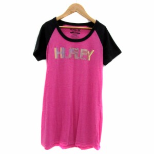 【中古】ハーレー Hurley ワンピース ミニ丈 半袖 ラウンドネック ロゴプリント M ピンク 黒 ブラック 女の子 キッズ