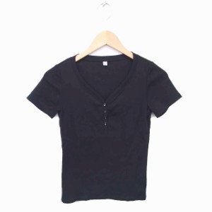 【中古】ユニクロ UNIQLO カットソー Tシャツ Vネック ハーフボタン 綿 コットン 半袖 S 黒 ブラック /TT24