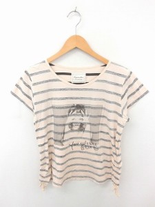 【中古】ラグナムーン LagunaMoon カットソー Tシャツ ボーダー プリント 丸首 綿 コットン 半袖 F 薄茶 黒