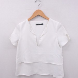 【中古】ザラ ベーシック ZARA BASIC シャツ ブラウス ティアード オープンフロントネック 半袖 無地 XS ホワイト /FT9