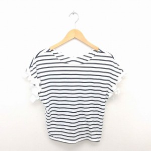 【中古】natural couture カットソー Tシャツ クルーネック ボーダー リボン 綿 半袖 白 紺 ホワイト ネイビー