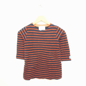 【中古】子供服 FORK＆SPOON カットソー Tシャツ 丸首 ボーダー 厚手 長袖 105 ネイビー オレンジ 紺 橙 /TT22 キッズ