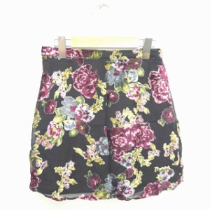 【中古】トップショップ TOPSHOP スカート 台形 ミニ 花柄 ベロア バックジップ 36 黒 紫 ブラック パープル /TT21