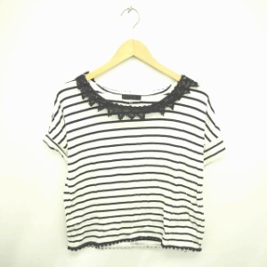 【中古】ジーナシス JEANASIS カットソー Tシャツ ボーダー レース ボートネック 半袖 F アイボリー ブラック 白 黒