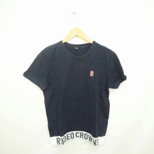 【中古】ロデオクラウンズワイドボウル RCWB カットソー Tシャツ 丸首 英字 刺繍 半袖 M 紺 ネイビー /TT11