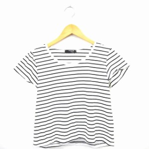 【中古】HUDSON Tシャツ カットソー ボーダー 丸首 フレンチスリーブ LL ホワイト ブラック 白 黒 /MT7 レディース