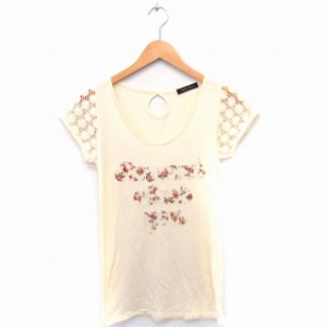 【中古】SHINY RIPLE カットソー Tシャツ レース アップリケ Uネック 半袖 L ベージュ /FT34 レディース