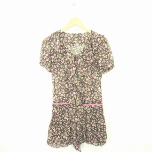 【中古】デイシー deicy ワンピース ひざ丈 花柄 シースルー 透け感 前開き 半袖 M 茶 ブラウン ピンク /TT32