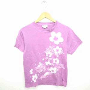 【中古】Omoshiro Tシャツ カットソー 丸首 花柄 綿 コットン 半袖 S 紫 白 パープル ホワイト /TT47 レディース