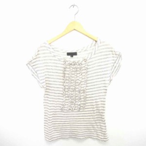 【中古】ジルスチュアート カットソー Tシャツ ボーダー フリル ボートネック 薄手 綿 半袖 S ベージュ グレー