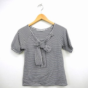 【中古】スピック&スパン Spick&Span Tシャツ カットソー ボーダー リボン 丸首 五分袖 コットン 綿 白 黒 ホワイト