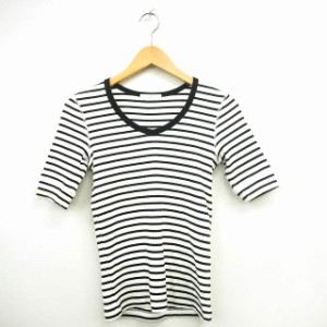 【中古】アクアガール aquagirl Tシャツ カットソー ボーダー Vネック 五分袖 コットン 綿 ブラック ホワイト 白 黒
