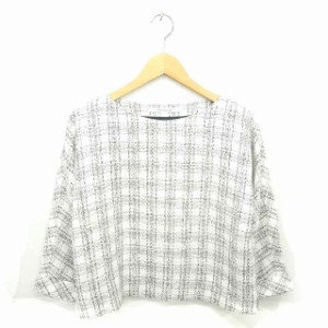 【中古】アングローバルショップ カットソー Tシャツ チェック ボートネック 綿 コットン 長袖 38 ホワイト ブラック