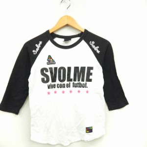 【中古】svolme Tシャツ カットソー ロゴプリント ワッペン 星柄 丸首 七分袖 コットン 綿 XS ブラック ホワイト 黒