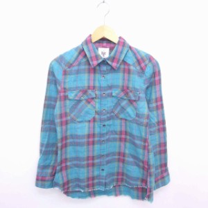 【中古】ビラボン BILLABONG シャツ ブラウス チェック ステンカラー フリンジ 長袖 M グリーン ピンク 緑 /TT8