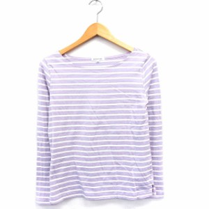 【中古】ナチュラルビューティーベーシック NATURAL BEAUTY BASIC Tシャツ カットソー ボーダー 丸首 長袖 綿 薄紫 白