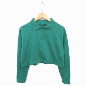 【中古】ザラ ZARA ポロシャツ シャツ ショート丈 ステンカラー 長袖 M 緑 グリーン /TT35 レディース