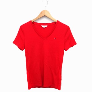 【中古】トミーヒルフィガー TOMMY HILFIGER 国内正規品 Vネック Tシャツ カットソー ロゴマーク Vネック 半袖 S 赤