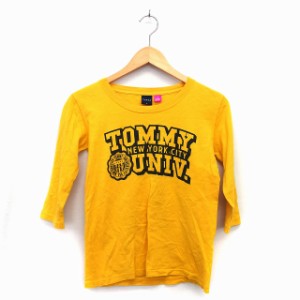 【中古】トミー TOMMY 国内正規品 Tシャツ カットソー 丸首 七分袖 コットン 綿 プリント ロゴ S マスタード からし