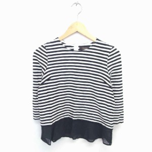 【中古】デミルクス ビームス Demi-Luxe BEAMS カットソー Tシャツ 丸首 ボーダー 裾切替 七分袖 ホワイト ブラック 白 黒