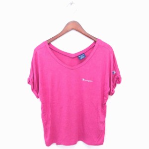 【中古】チャンピオン CHAMPION Tシャツ カットソー Vネック ロゴ刺繍 半袖 M ショッキングピンク /TT11 メンズ