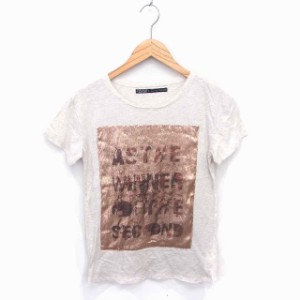 【中古】ザラ ベーシック Tシャツ カットソー ボートネック 英字 スパンコール 半袖 M ライトベージュ ブラウン 薄茶